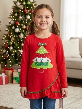 Emily Rose Red Long-Sleeve Girls' Christmas Tree Pajama Top
